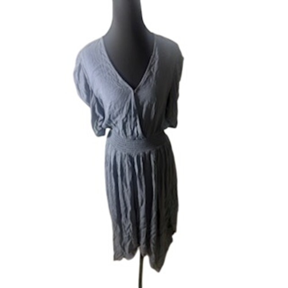 On the Road Blue Smocked Waist V-Neck Puff Sleeve Midi Dress Small